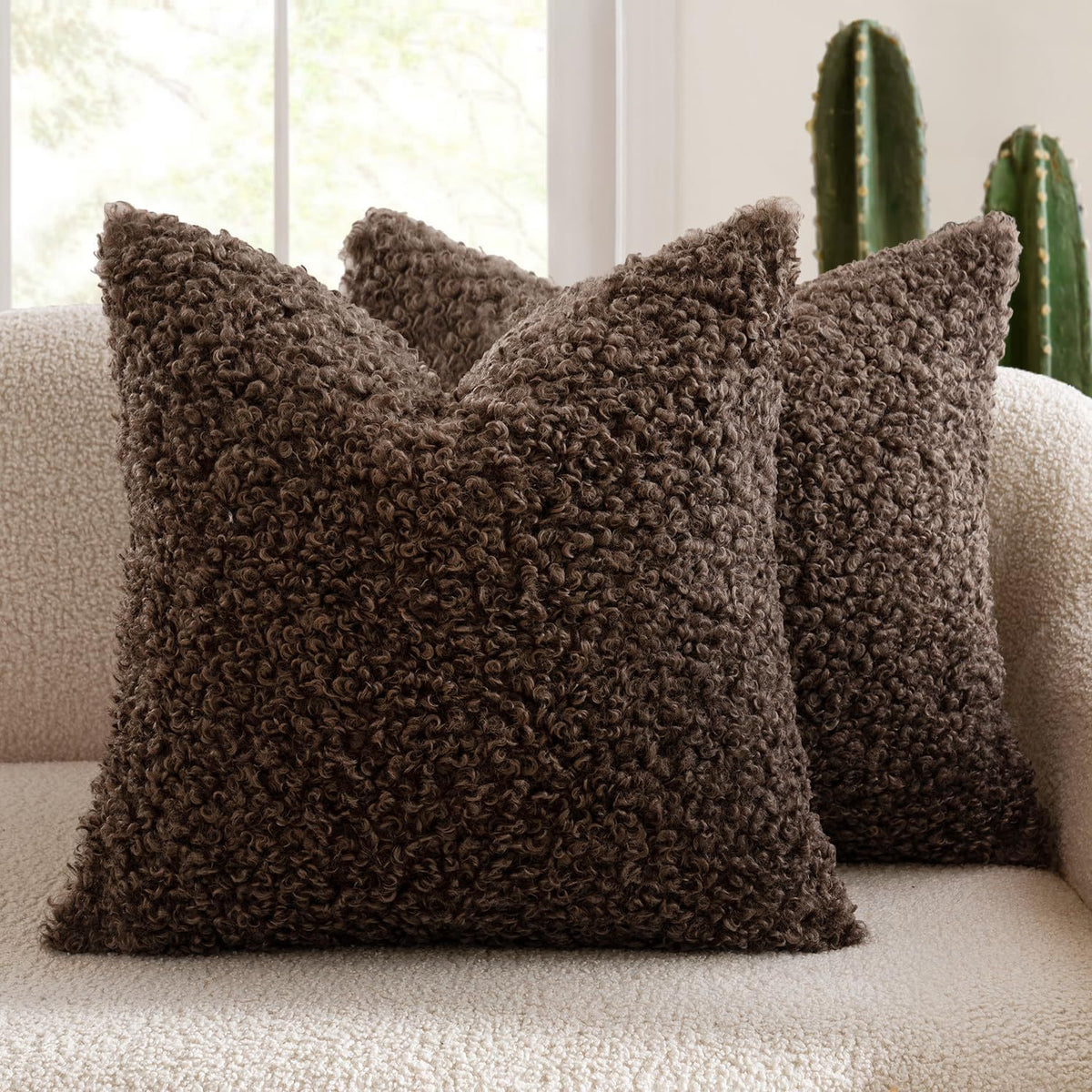 2 Pcs Coffee Cozy Teddy Boucle Cushion Cover - Plush Decorative Square Pillow Case for Sofa &amp; Bed
