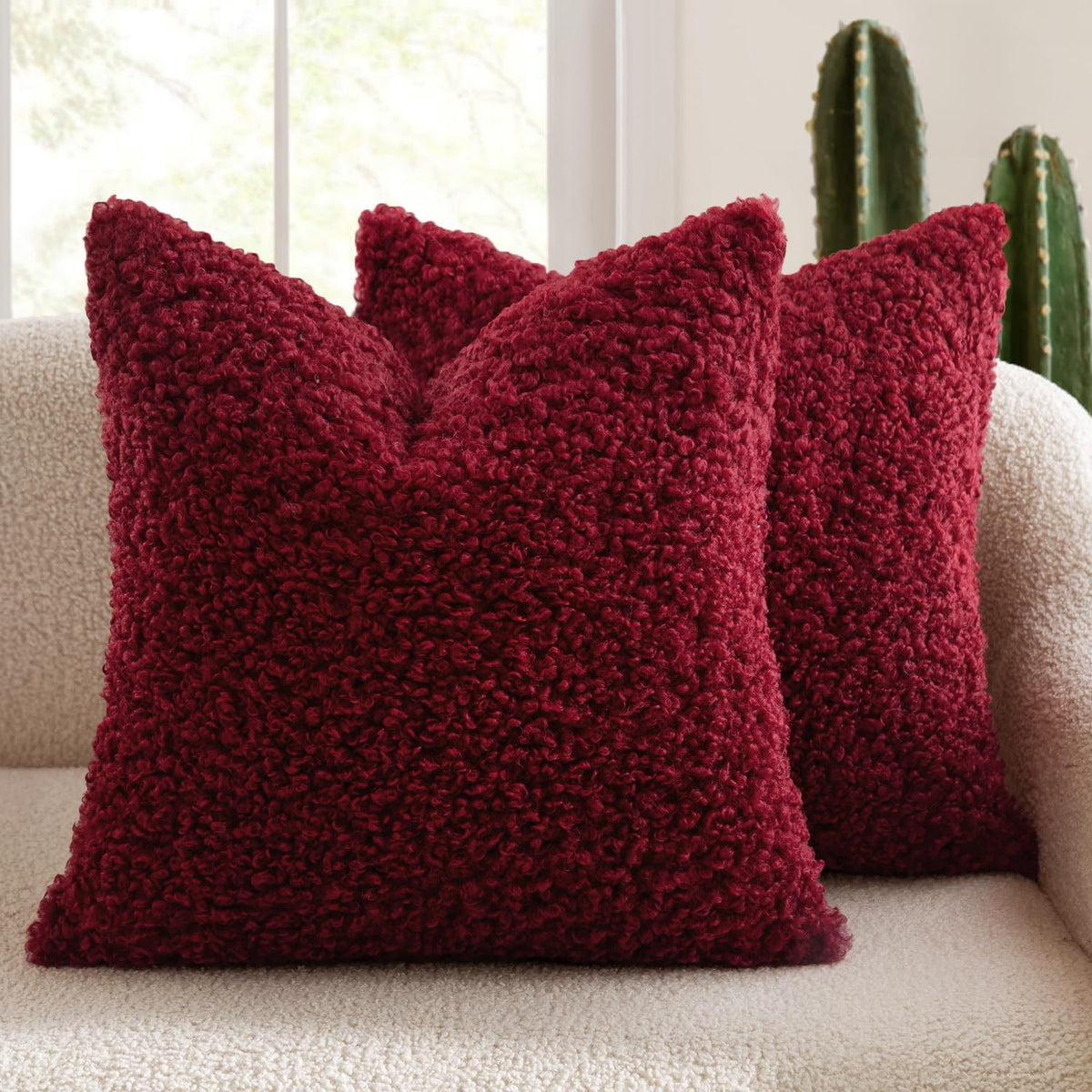 2 Pcs Red Cozy Teddy Boucle Cushion Cover - Plush Decorative Square Pillow Case for Sofa &amp; Bed