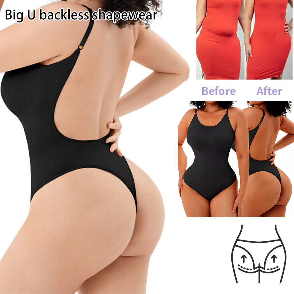 2 Pcs Size XXL Black Seamless Backless Bodysuit Shapewear - Deep U-Plunge Tummy Control Thong Shaper