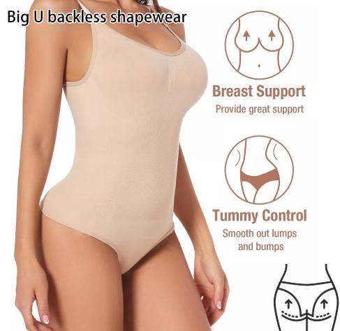 2 Pcs Size L Skin Color Seamless Backless Bodysuit Shapewear - Deep U-Plunge Tummy Control Thong Shaper