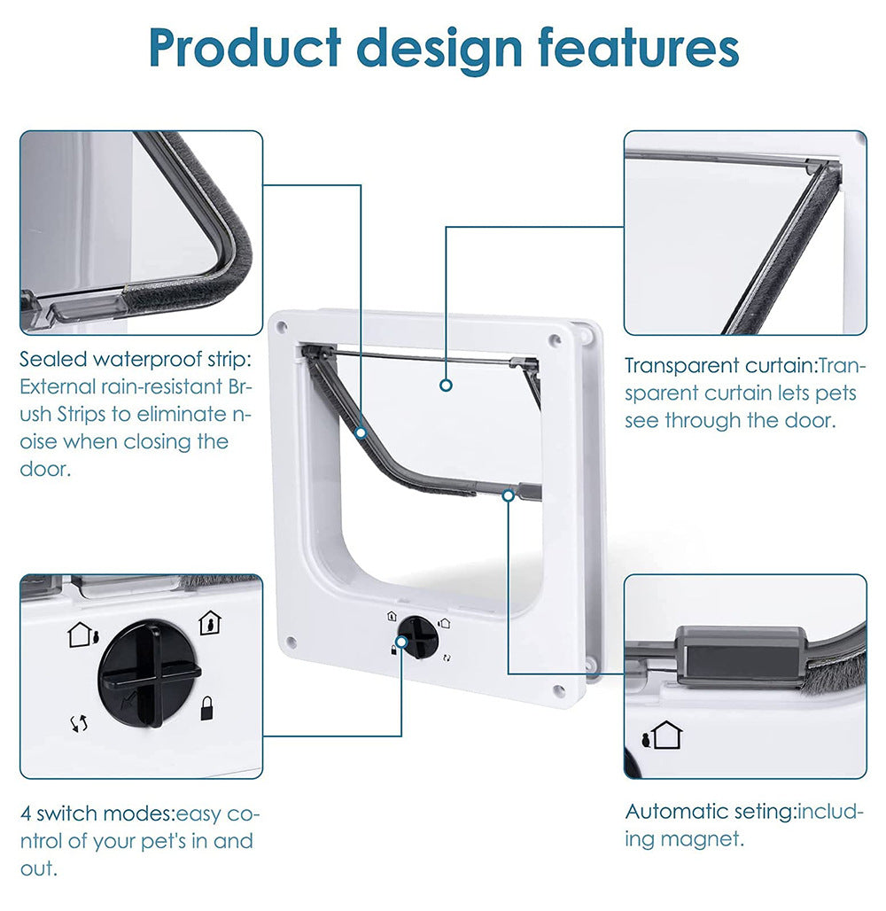 Size M White 4-Way Locking Pet Flap Door for Cats and Small Dogs - Weatherproof Magnetic Cat Door