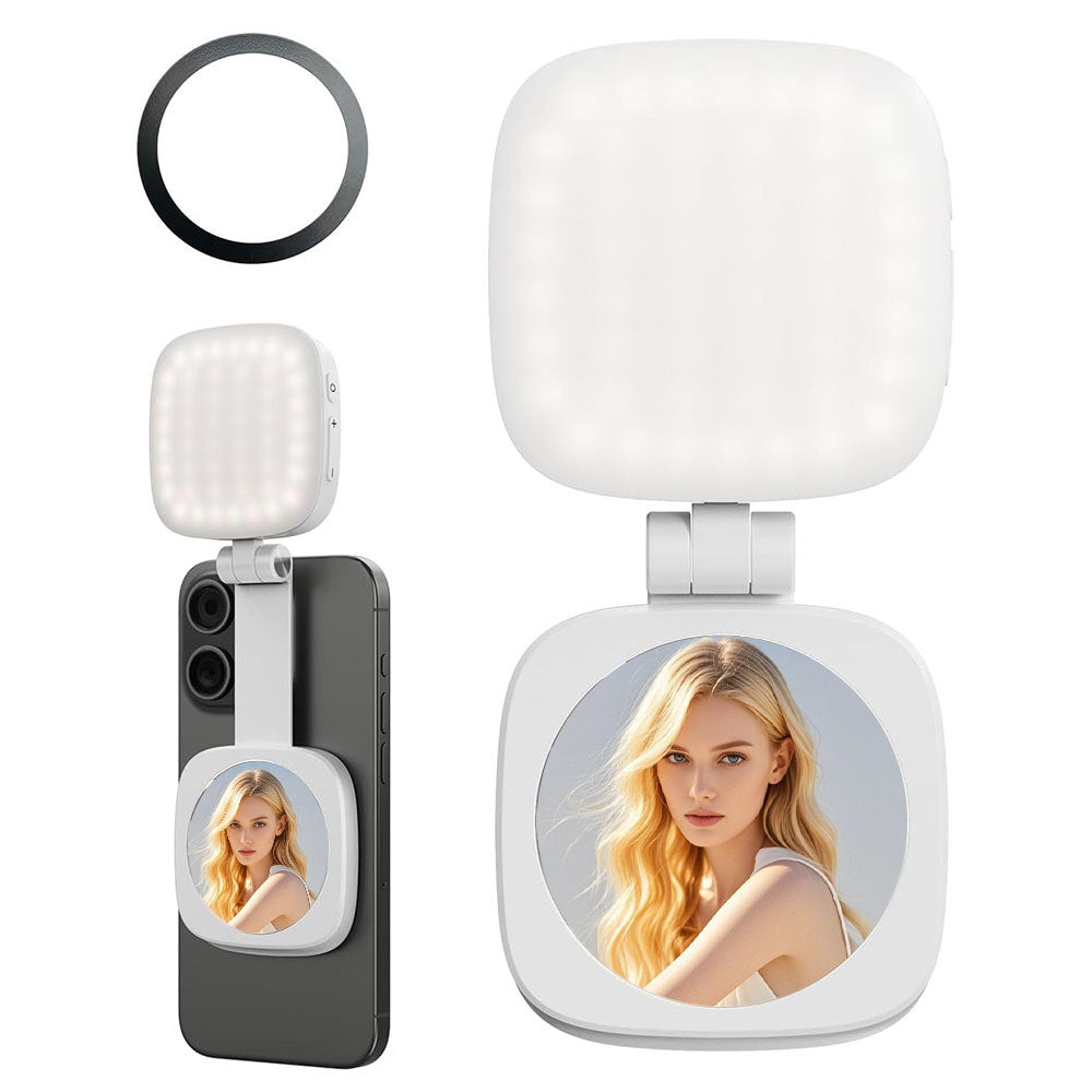 White Magnetic Foldable Selfie Light with Mirror - Rechargeable LED Fill Light for iPhone &amp; Android Vlogging(Mobile phone is a shooting prop and is not included)