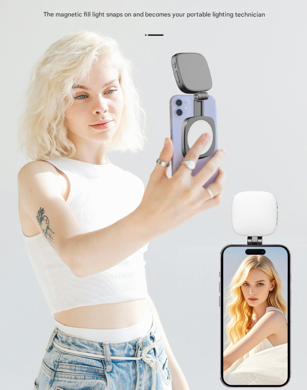 White Magnetic Foldable Selfie Light with Mirror - Rechargeable LED Fill Light for iPhone & Android Vlogging(Mobile phone is a shooting prop and is not included)