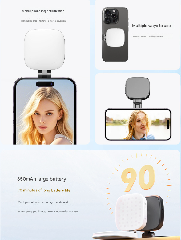 White Magnetic Foldable Selfie Light with Mirror - Rechargeable LED Fill Light for iPhone & Android Vlogging(Mobile phone is a shooting prop and is not included)