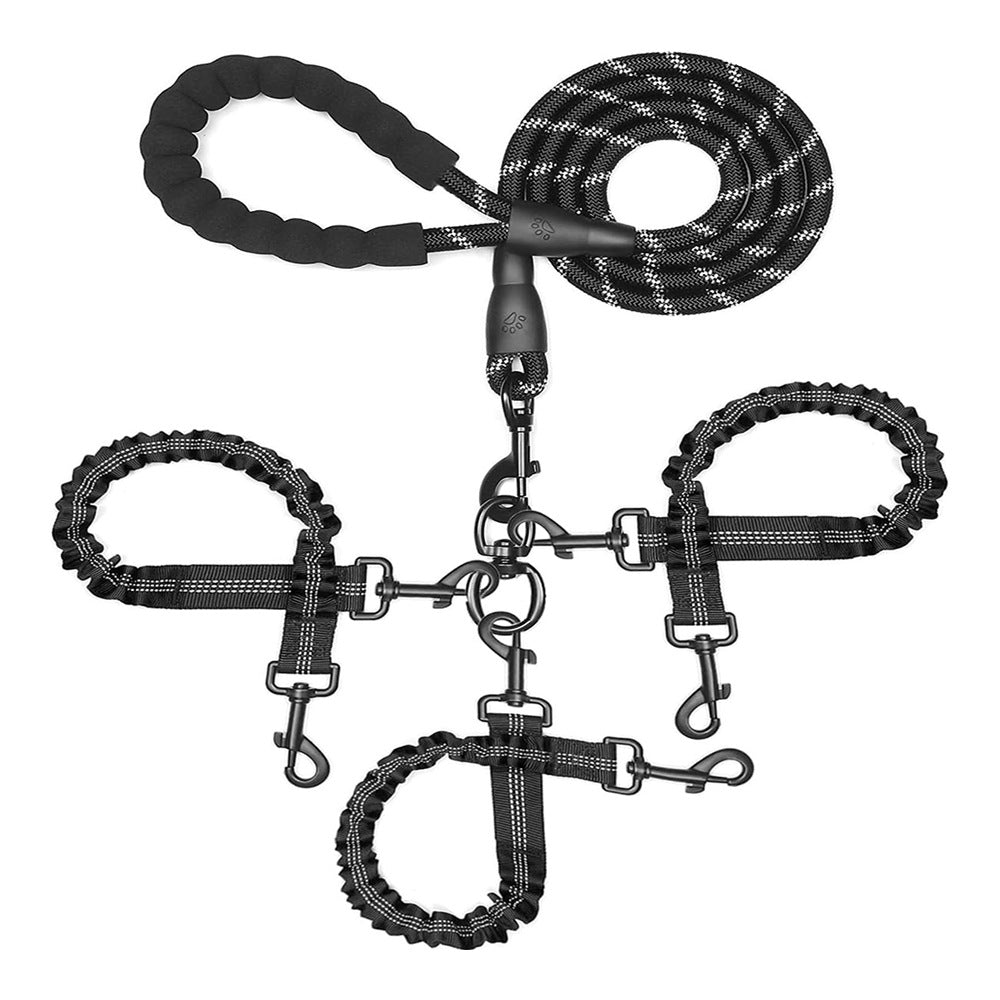Black 3-in-1 Tangle-Free Dog Leash for 1-3 Dogs - Heavy Duty Bungee Coupler with Reflective Stitching &amp; Padded Handle