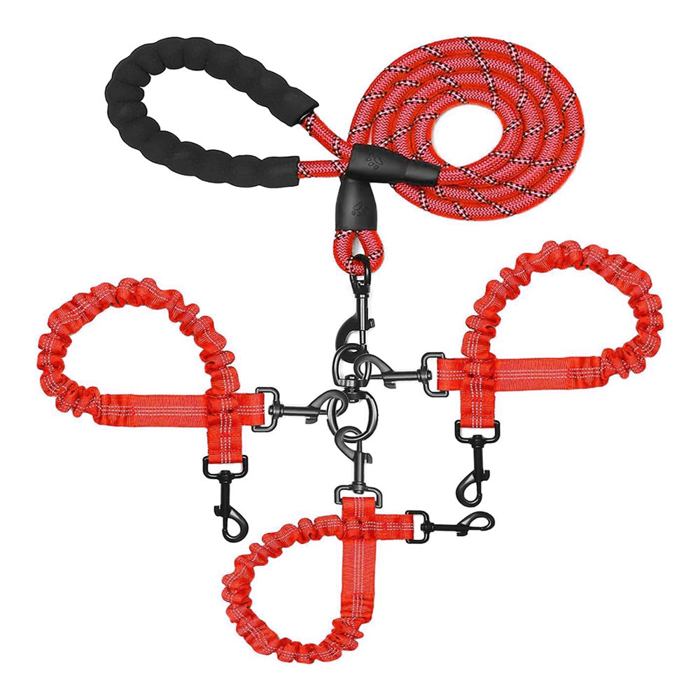 Red 3-in-1 Tangle-Free Dog Leash for 1-3 Dogs - Heavy Duty Bungee Coupler with Reflective Stitching &amp; Padded Handle