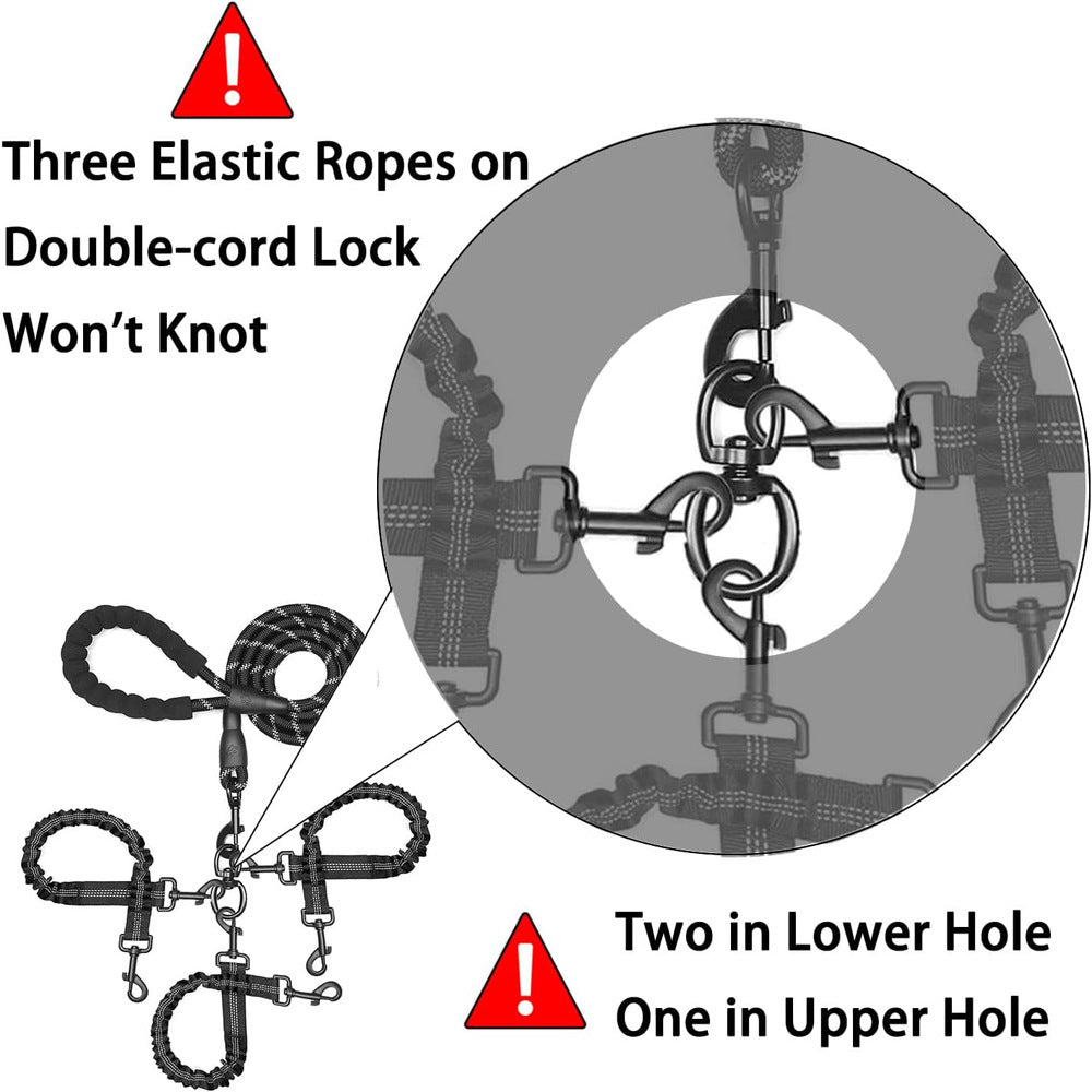 Red 3-in-1 Tangle-Free Dog Leash for 1-3 Dogs - Heavy Duty Bungee Coupler with Reflective Stitching & Padded Handle