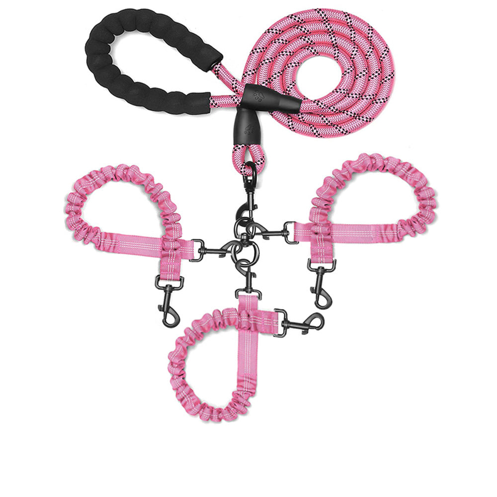 Pink 3-in-1 Tangle-Free Dog Leash for 1-3 Dogs - Heavy Duty Bungee Coupler with Reflective Stitching & Padded Handle