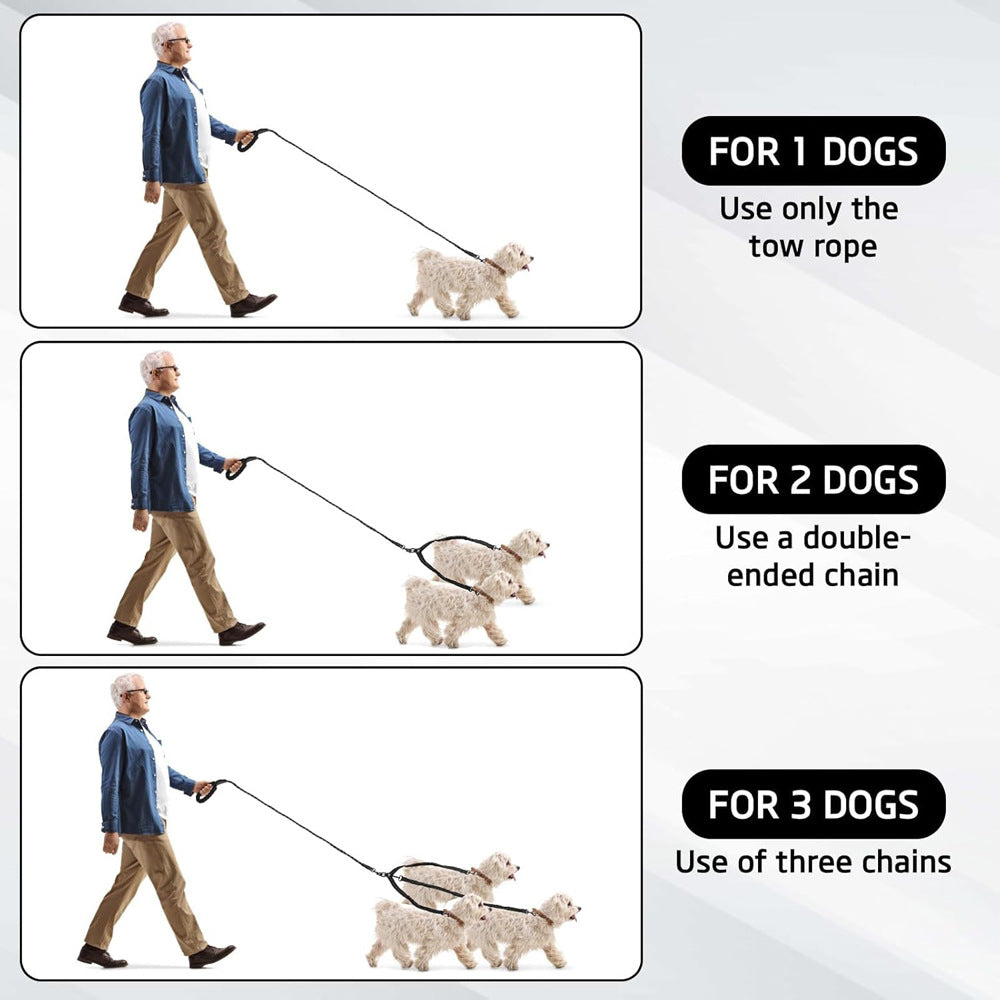 Grey 3-in-1 Tangle-Free Dog Leash for 1-3 Dogs - Heavy Duty Bungee Coupler with Reflective Stitching & Padded Handle
