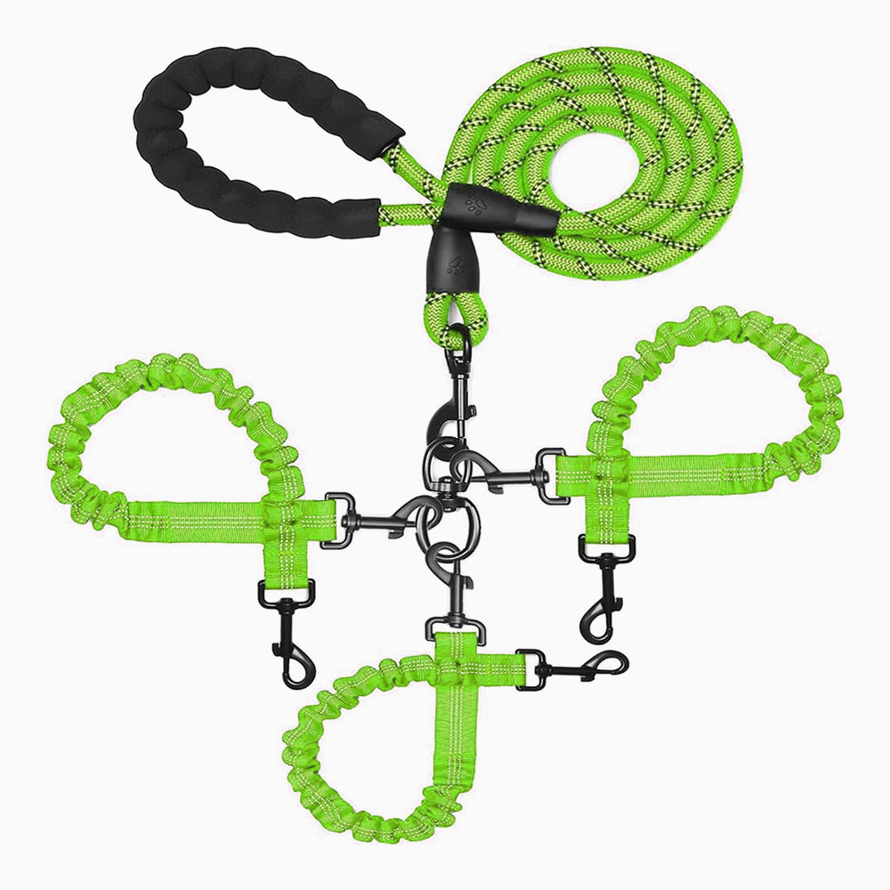 Green 3-in-1 Tangle-Free Dog Leash for 1-3 Dogs - Heavy Duty Bungee Coupler with Reflective Stitching &amp; Padded Handle