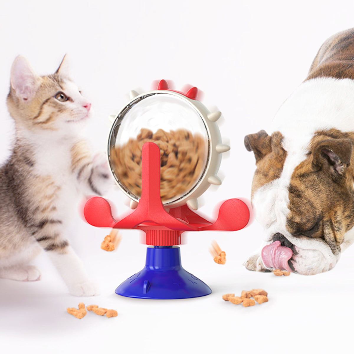 Red,Blue and White Interactive Pet Treat Dispenser - Spinning Wheel Food Puzzle Toy for Cats & Dogs with Suction Cup Base