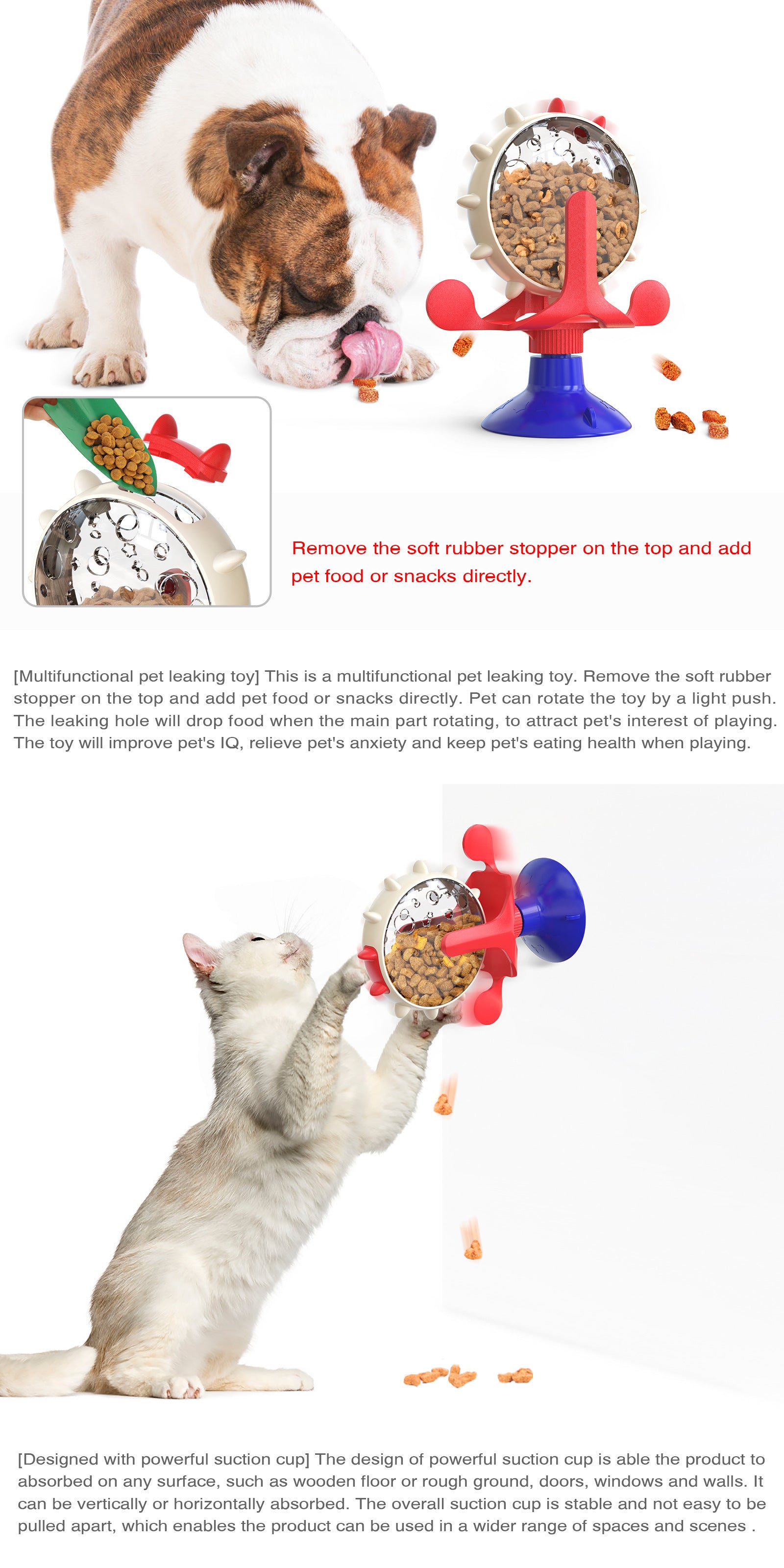 Red,Blue and White Interactive Pet Treat Dispenser - Spinning Wheel Food Puzzle Toy for Cats & Dogs with Suction Cup Base