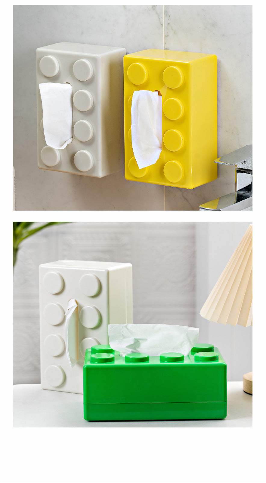 Green 2 Pcs Creative Building Block Tissue Box Holder - Wall-Mounted & Desktop Dispenser for Bathroom, Kids Room & Office Decor