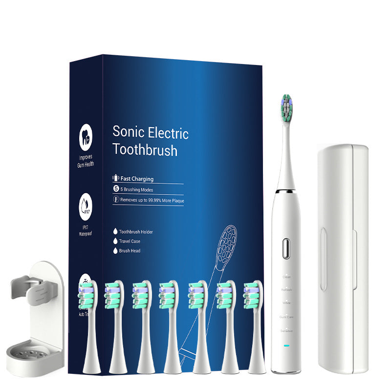 White Sonic Rechargeable Electric Toothbrush with 8 Heads &amp; Travel Case - 5 Brushing Modes &amp; Smart Timer(USB)