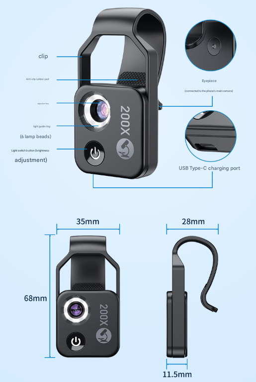 Black Portable 200X Clip-On Microscope Lens for Smartphone - HD Pocket Magnifier with CPL Filter and LED Light(excluding mobile phones)