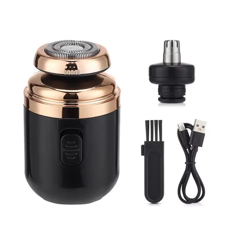Black Portable Mini Electric Shaver for Men - USB Fast-Charge Travel Razor with Washable Head &amp; Nose Trimmer Attachment