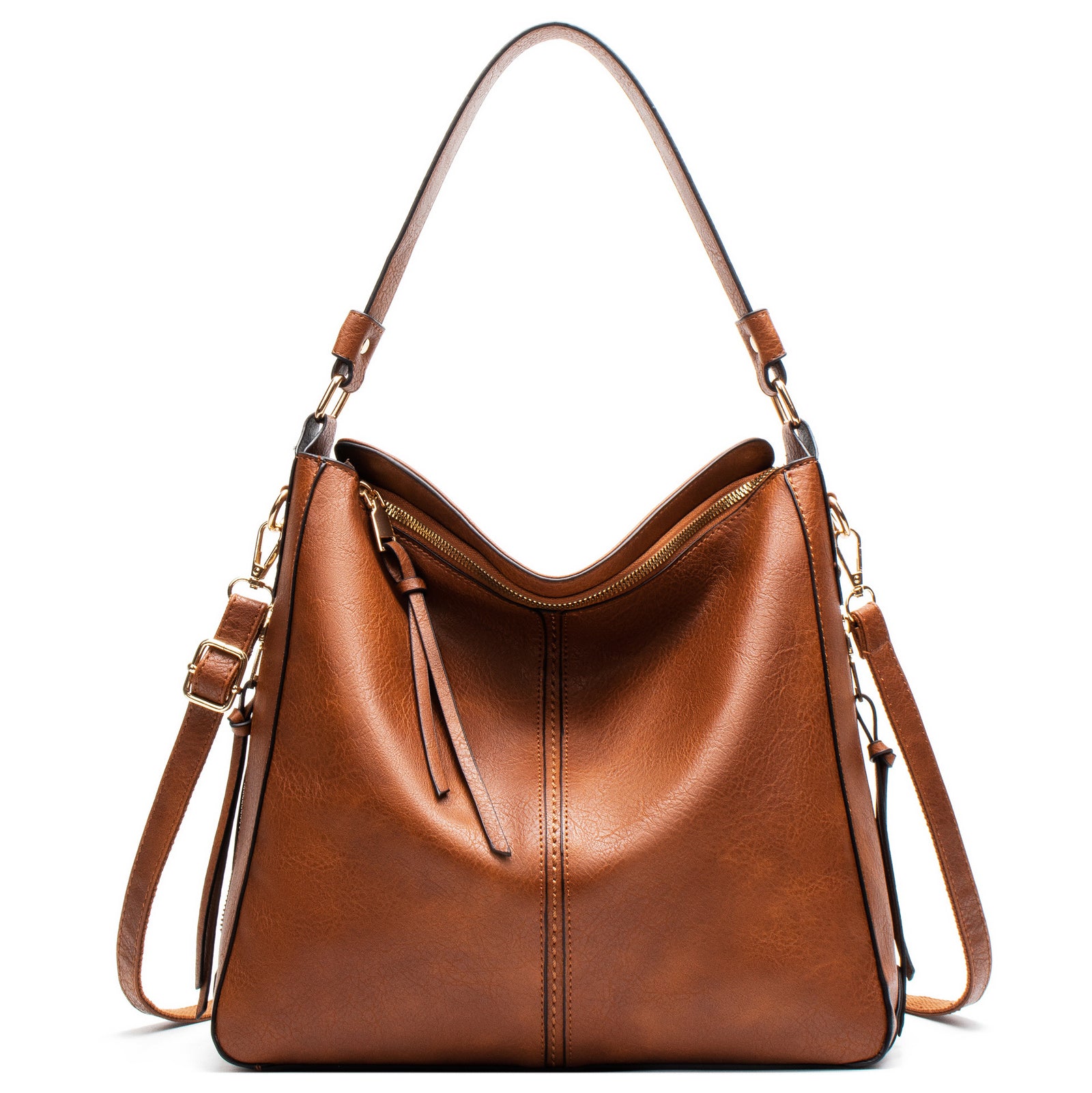 Brown Womens Soft PU Leather Hobo Bag - Large Casual Tote Handbag with Adjustable Crossbody Strap