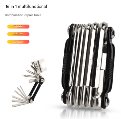 Black and Silver 16 in 1 Bicycle Repair Multi Tool - Compact Folding Bike Tool Kit with Chain Breaker for MTB Road Cycling