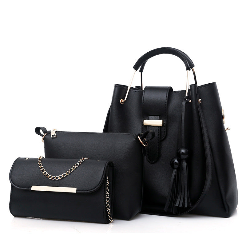 Black Chic 3-Piece Women's Handbag Set - PU Leather Tote, Crossbody Bag &amp; Clutch Purse