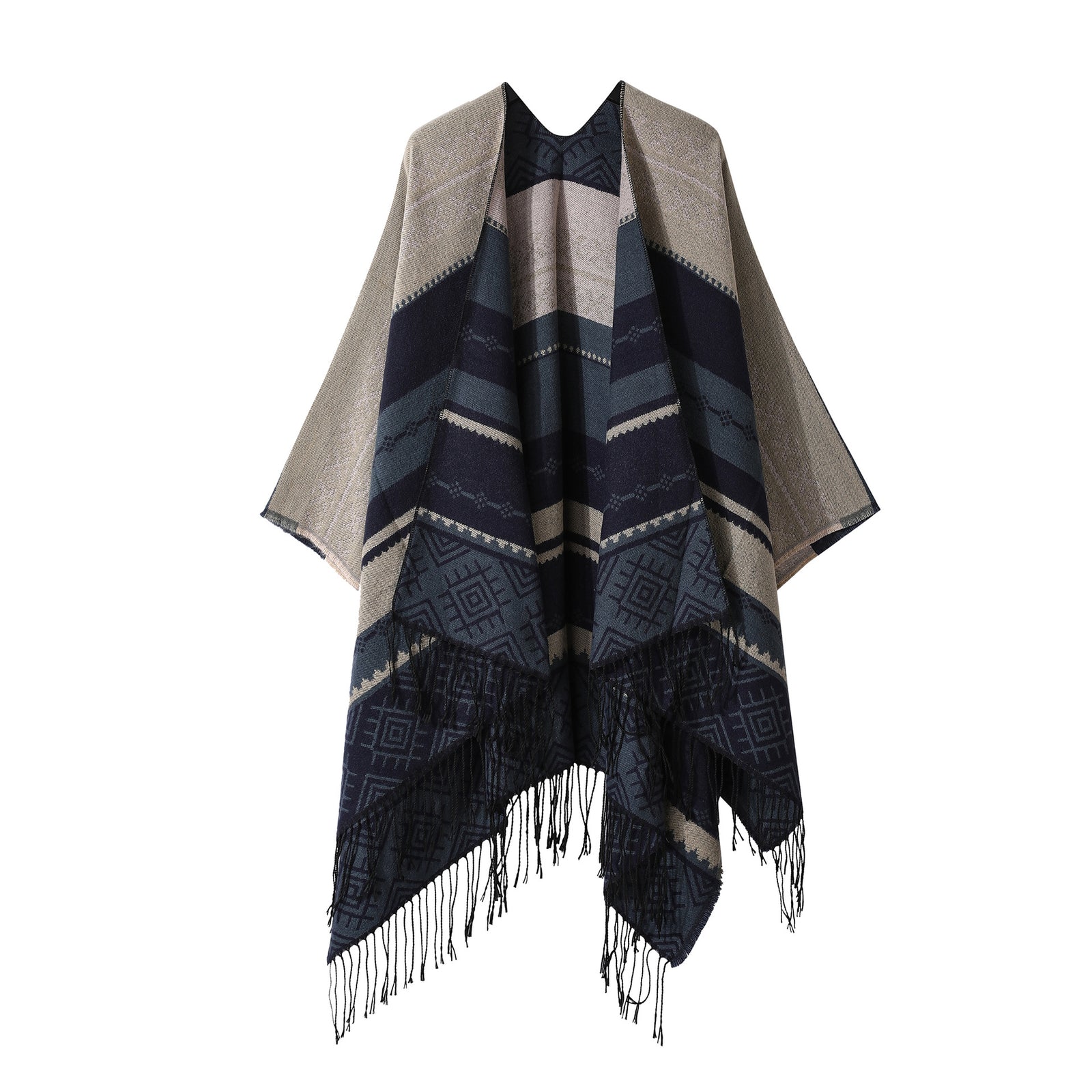 Navy Blue Palindrome Fringe Bohemian Fringe Shawl Cloak - 160 x 135 cm Ethnic Inner Mongolia Style Double-Sided Scarf Cape