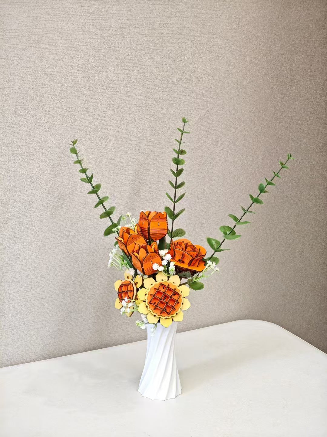 Orange DIY 3D Wooden Flower Bouquet Puzzle Set with Vase - Craft Kit for Kids and Adults