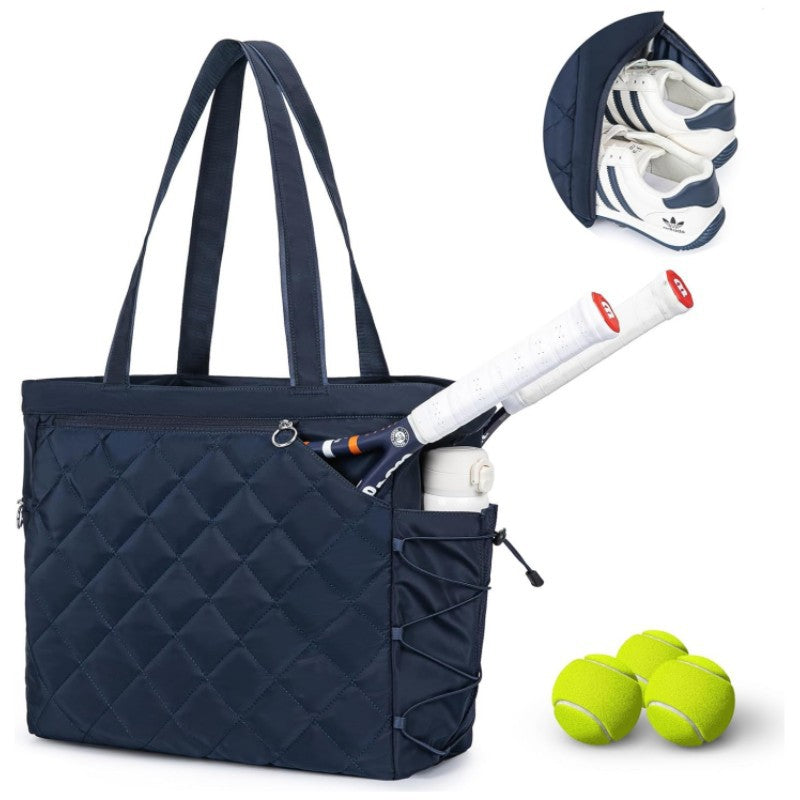 Navy Blue Large Quilted Tennis Tote Bag with Shoe Compartment - Waterproof Lightweight for Men and Women