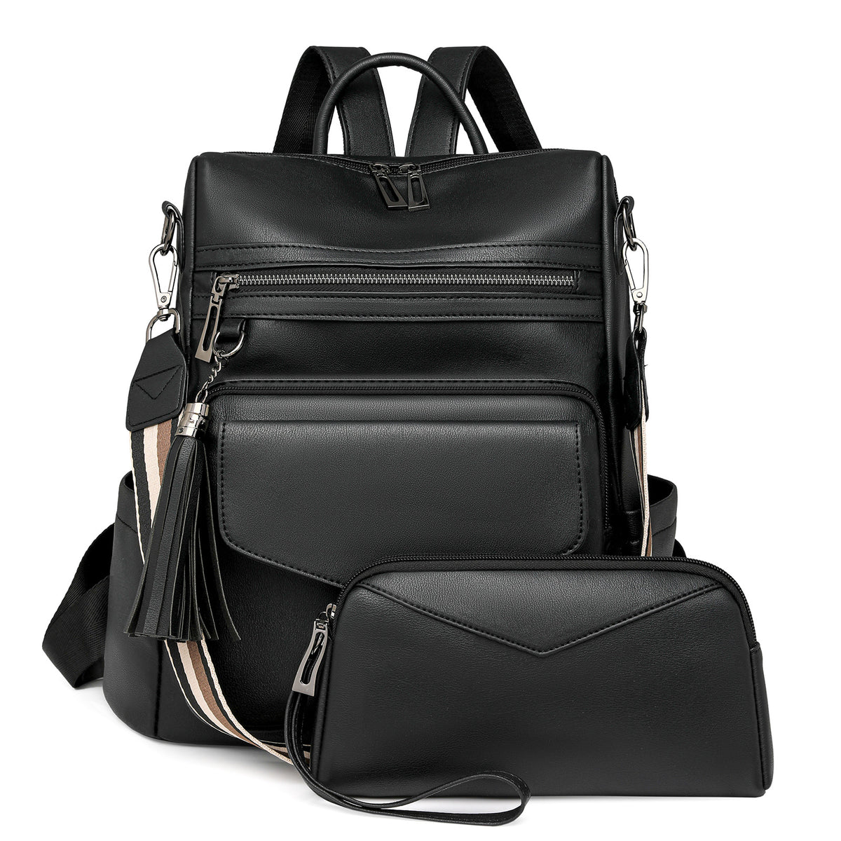 Black Women&#39;s Retro PU Leather Backpack - Dual-Color Tassel Design, Winter High-End Style