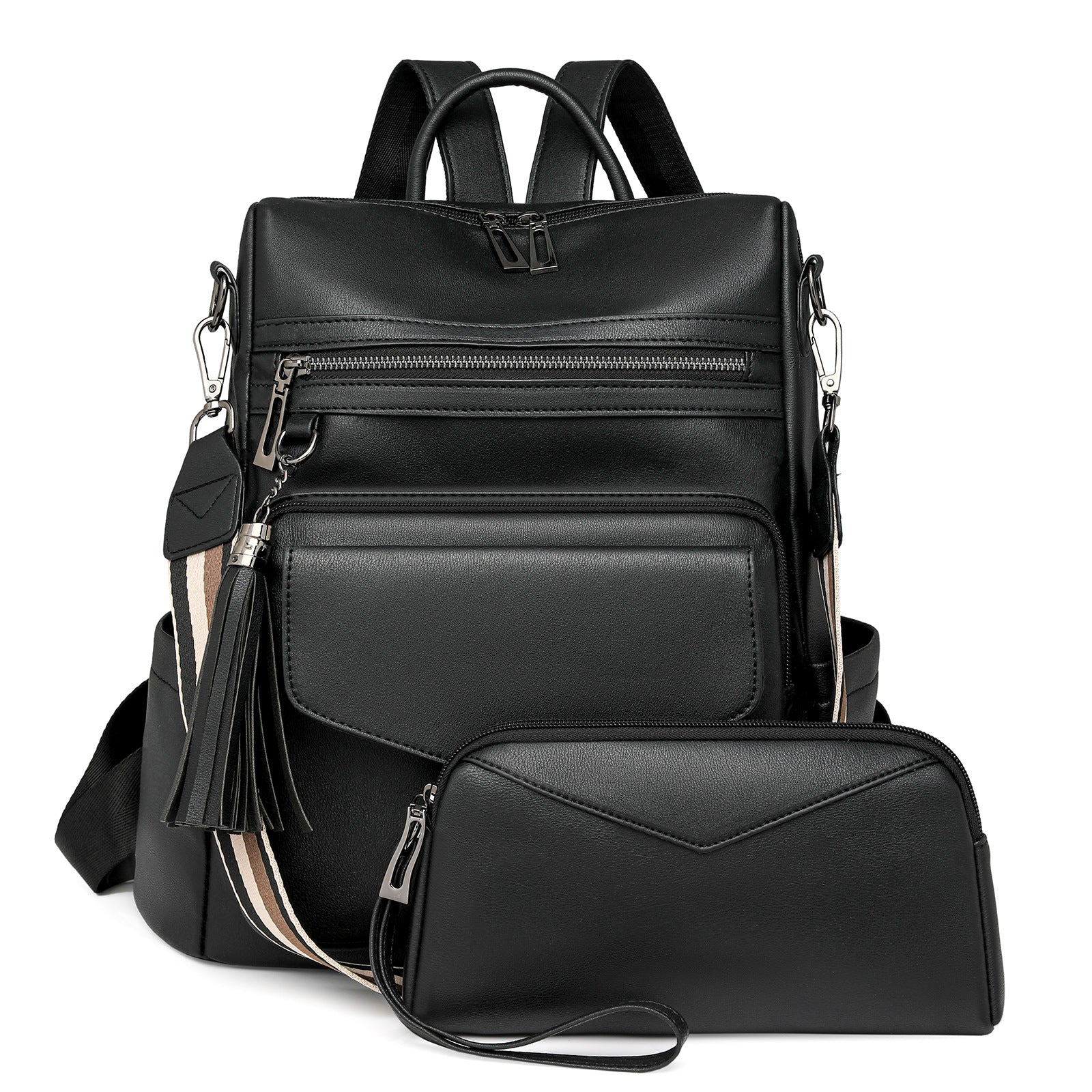 Black Women's Retro PU Leather Backpack - Dual-Color Tassel Design, Winter High-End Style