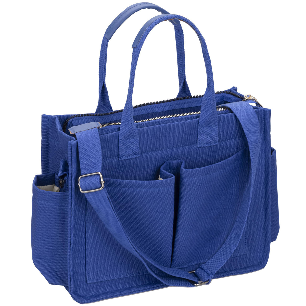 Blue Stylish Women&#39;s Large Canvas Tote Bag - 15.3in Laptop Mommy Bag with Crossbody Strap