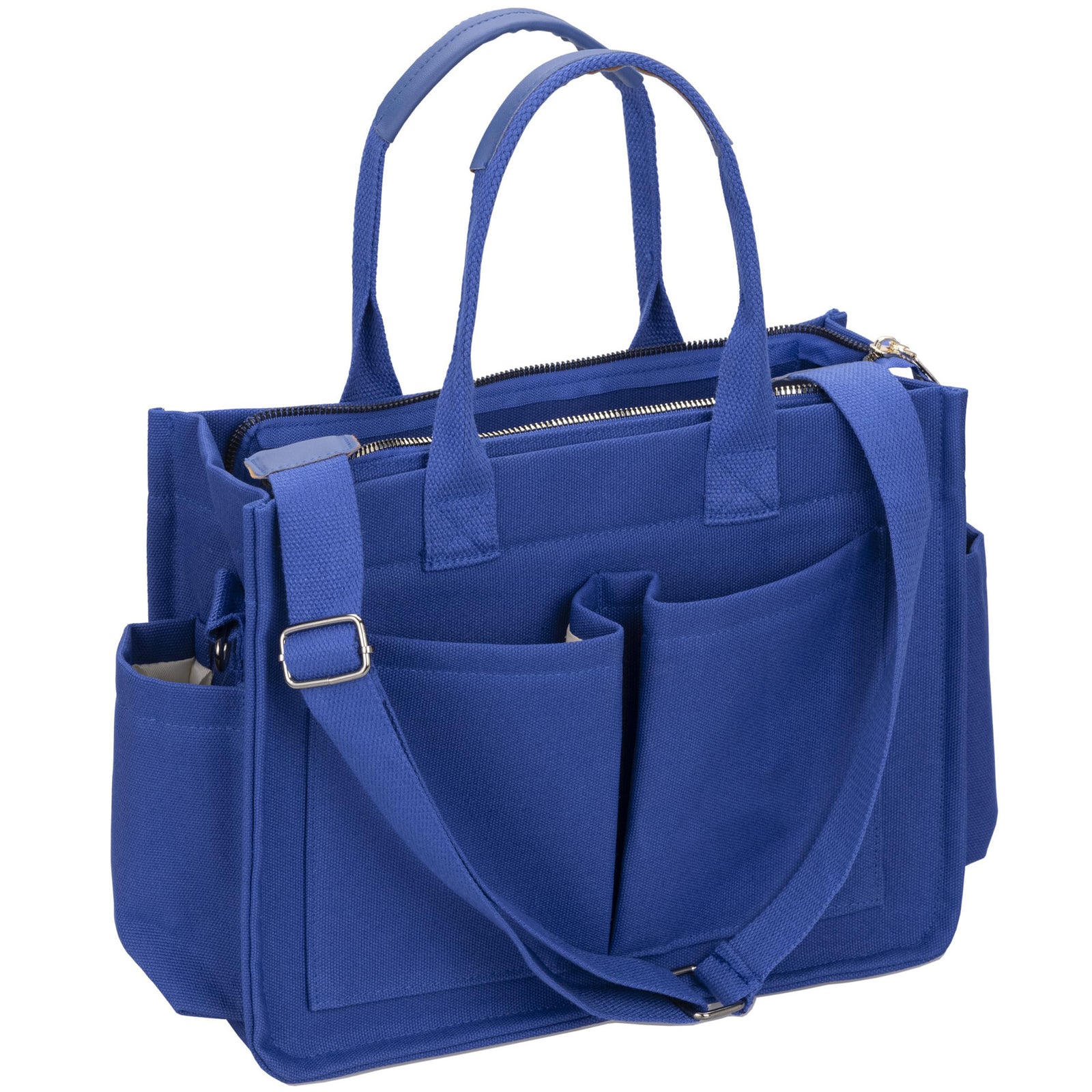 Blue Stylish Women's Large Canvas Tote Bag - 15.3in Laptop Mommy Bag with Crossbody Strap