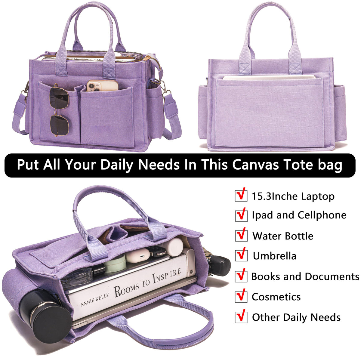 Blue Stylish Women's Large Canvas Tote Bag - 15.3in Laptop Mommy Bag with Crossbody Strap