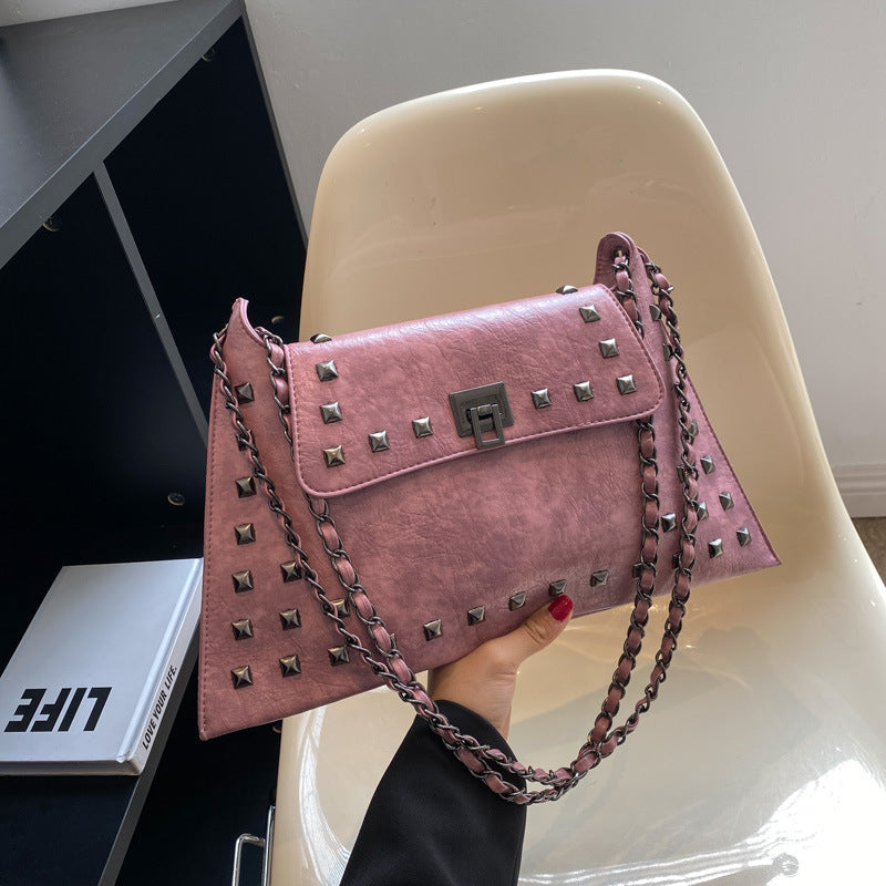 Pink Women's Retro Studded Envelope Shoulder Bag - Chain Strap Crossbody Tote in Four Colors