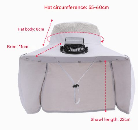 Khaki Outdoor Solar Fan Sun Hat - Large Brim Fishing Hiking Hat with Neck Cape