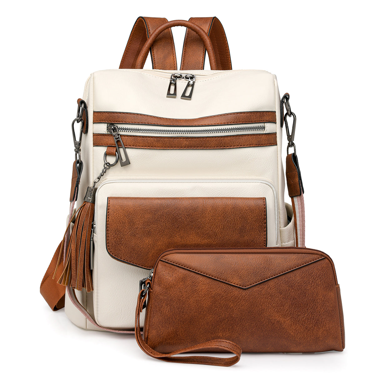 White-brown Women&#39;s Retro PU Leather Backpack - Dual-Color Tassel Design, Winter High-End Style