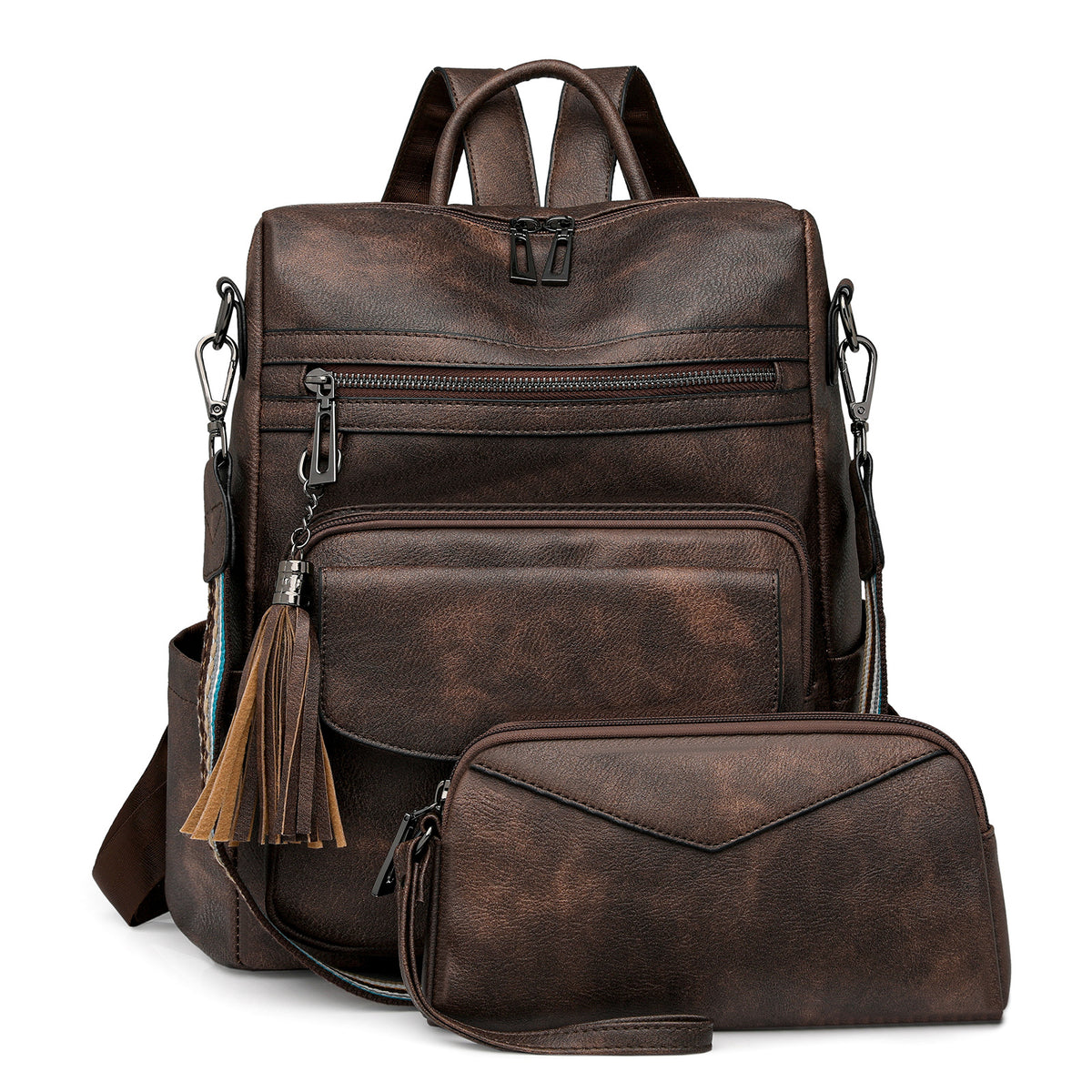 Dark-brown Women&#39;s Retro PU Leather Backpack - Dual-Color Tassel Design, Winter High-End Style