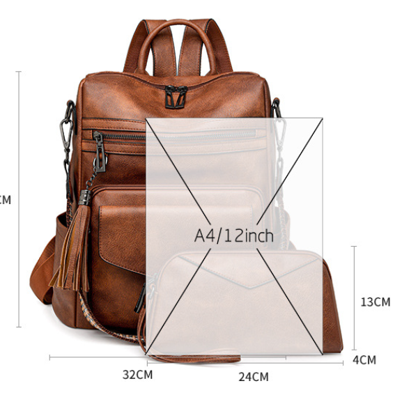 Dark-brown Women's Retro PU Leather Backpack - Dual-Color Tassel Design, Winter High-End Style