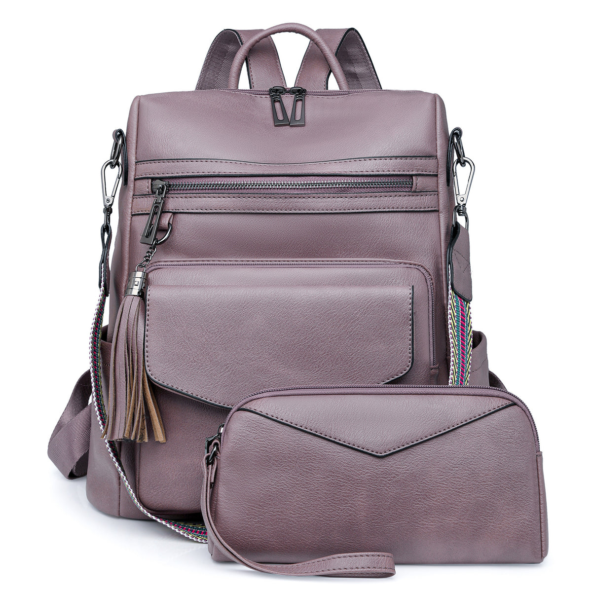 Light Purple Women&#39;s Retro PU Leather Backpack - Dual-Color Tassel Design, Winter High-End Style