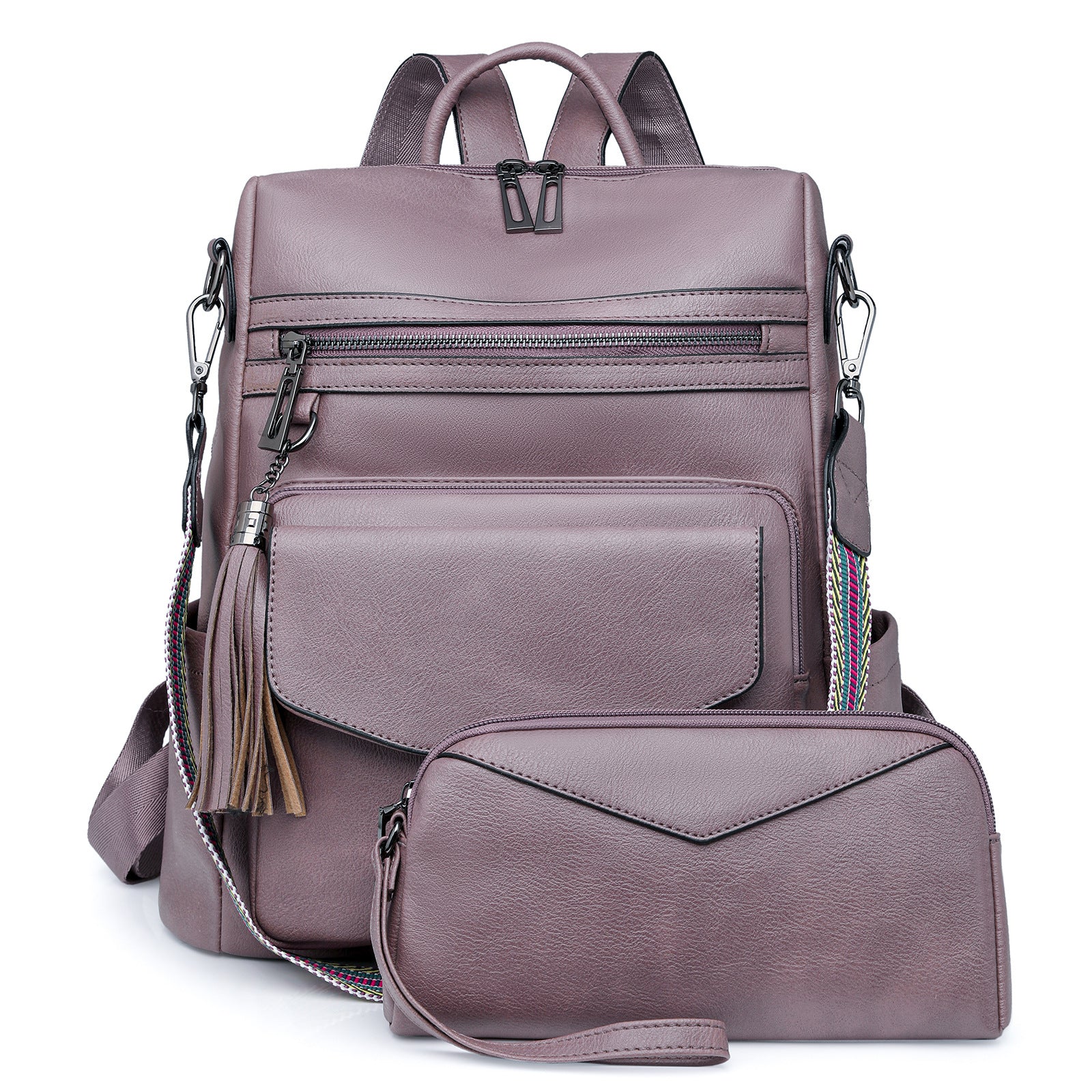 Light Purple Women's Retro PU Leather Backpack - Dual-Color Tassel Design, Winter High-End Style