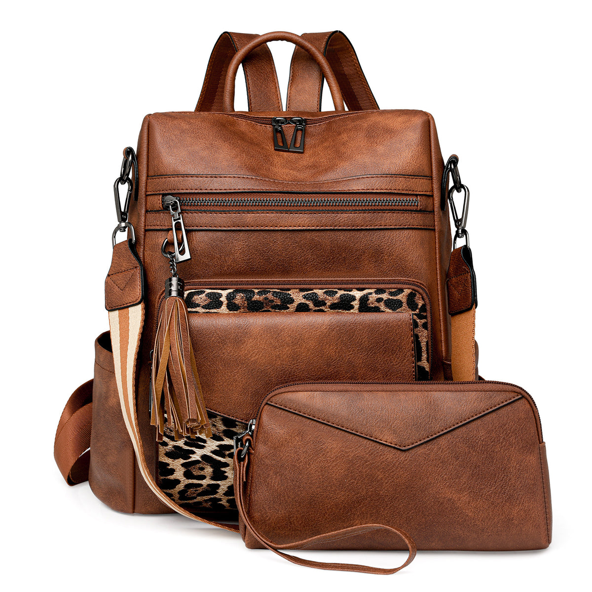 Brown with Leopard Print Women&#39;s Retro PU Leather Backpack - Dual-Color Tassel Design, Winter High-End Style