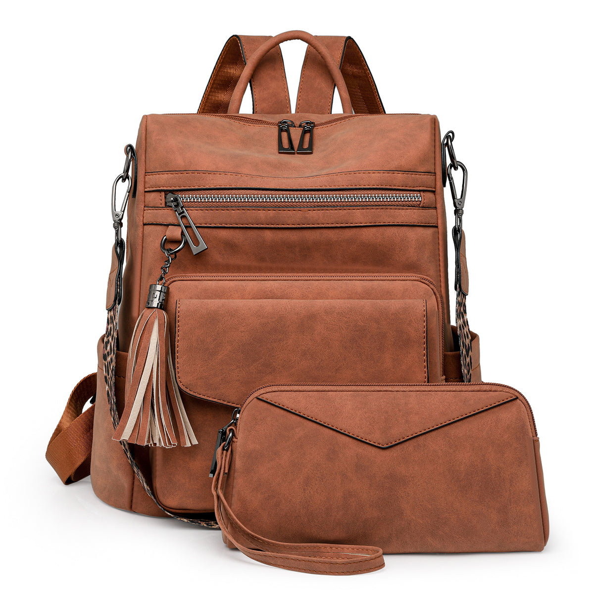 Sheepskin Brown Women&#39;s Retro PU Leather Backpack - Dual-Color Tassel Design, Winter High-End Style