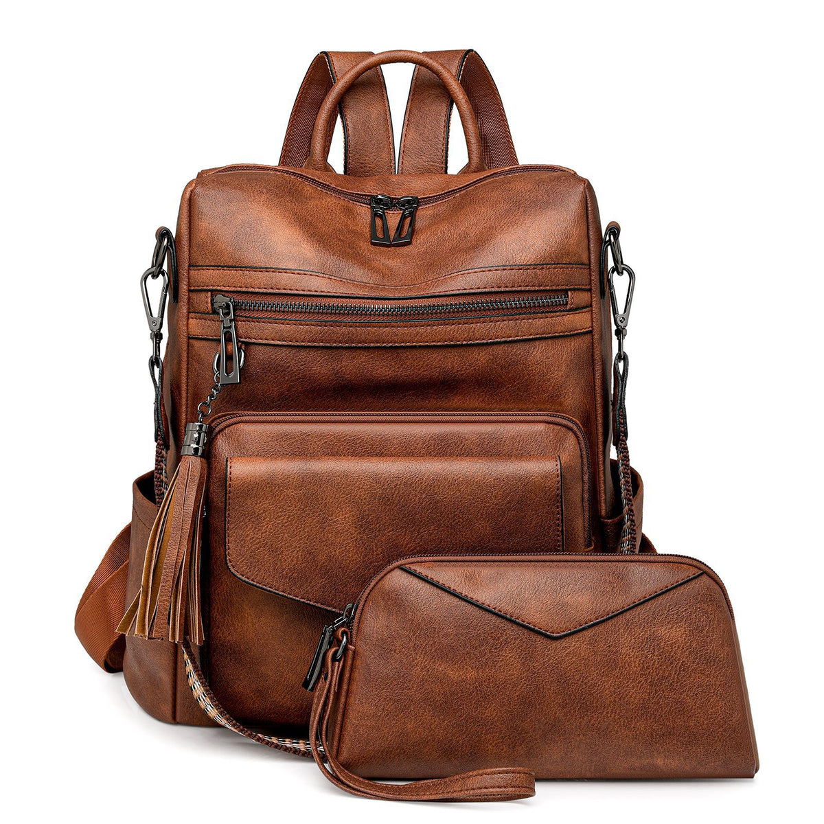 Two-color Brown Rough Women&#39;s Retro PU Leather Backpack - Dual-Color Tassel Design, Winter High-End Style
