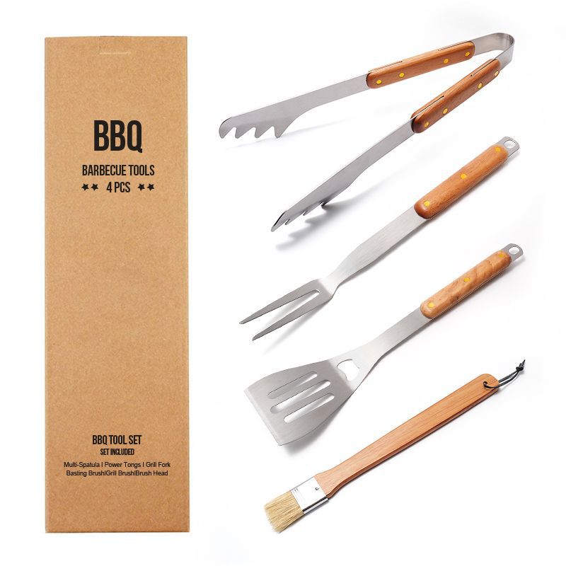 Premium 4-Piece BBQ Tool Set with Rubberwood Handles - Kraft Box
