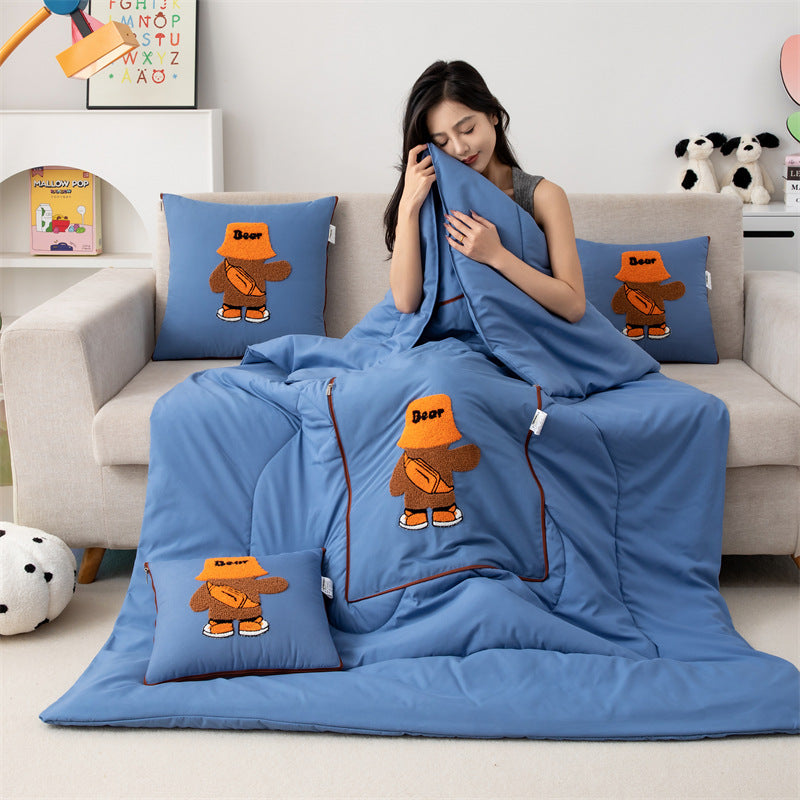 Lake Blue Fashion Bear 2-in-1 Foldable Car Pillow Blanket - Cozy 40x40cm Pillow, Unfolds to 100x150cm Blanket for Travel and Office Naps