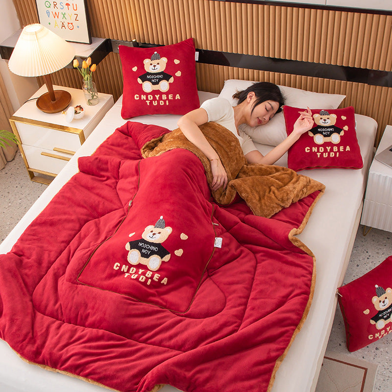 Wine Red Padded Thickened Hat Bear 2-in-1 Foldable Car Pillow Blanket - Cozy 40x40cm Pillow, Unfolds to 100x150cm Blanket for Travel and Office Naps