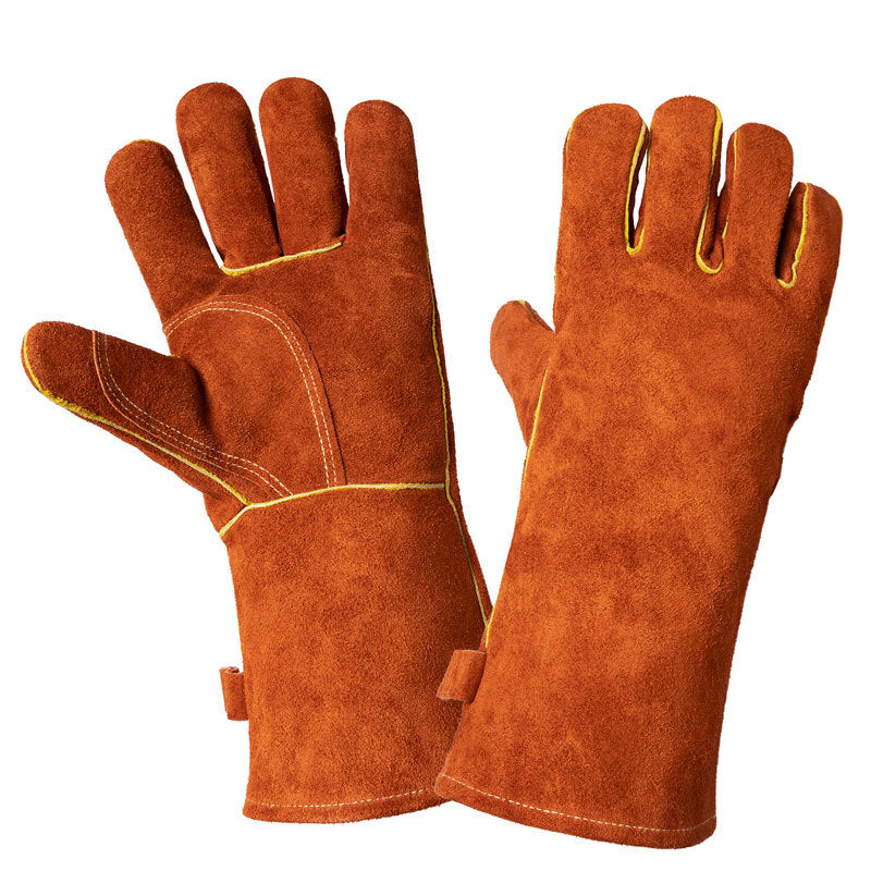 Coffee 14-Inch Premium Leather BBQ Gloves - Heat-Resistant Up to 500°C