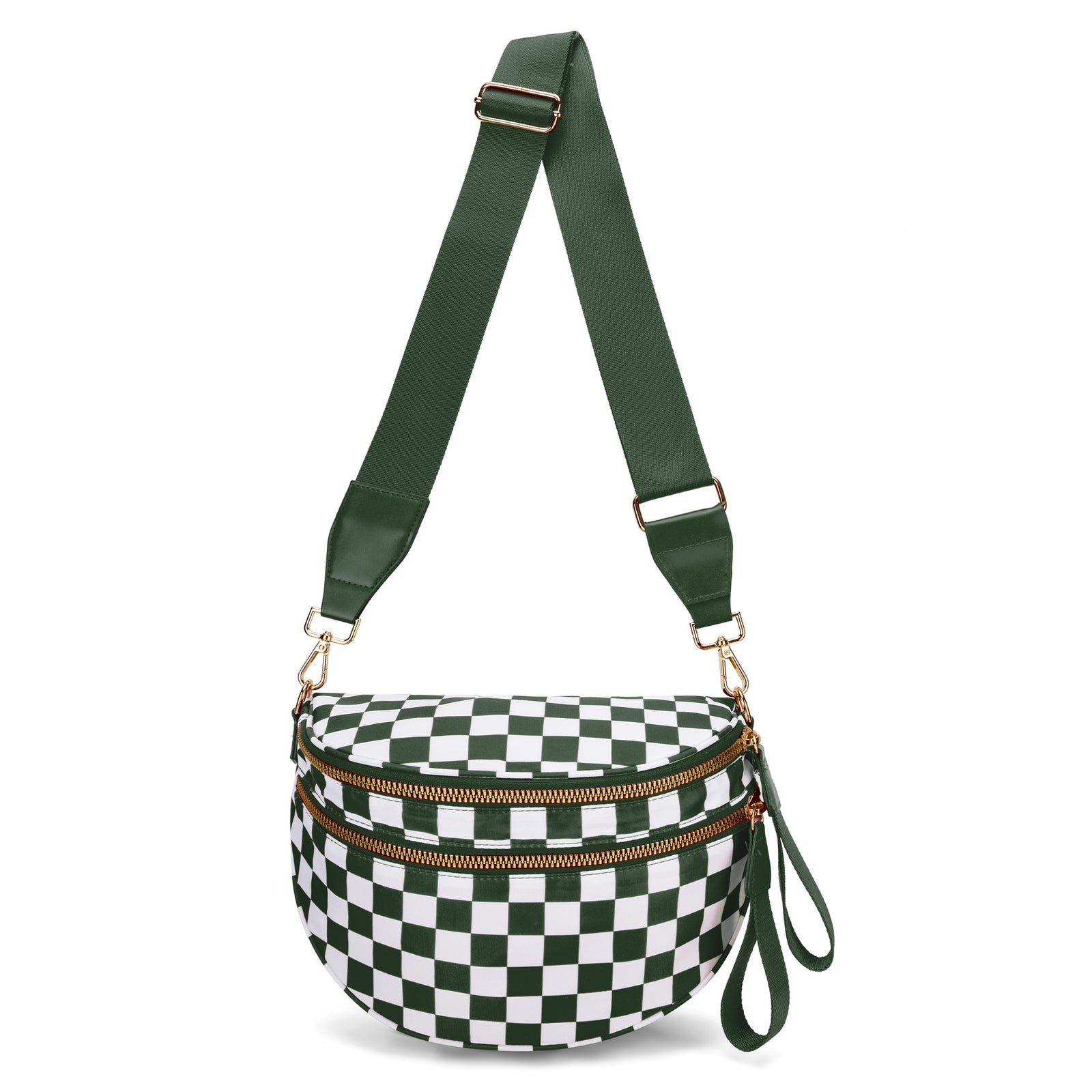 Black and White Checkered Trendy Sling Bag - Women's Crescent Crossbody Purse with Wide Adjustable Strap