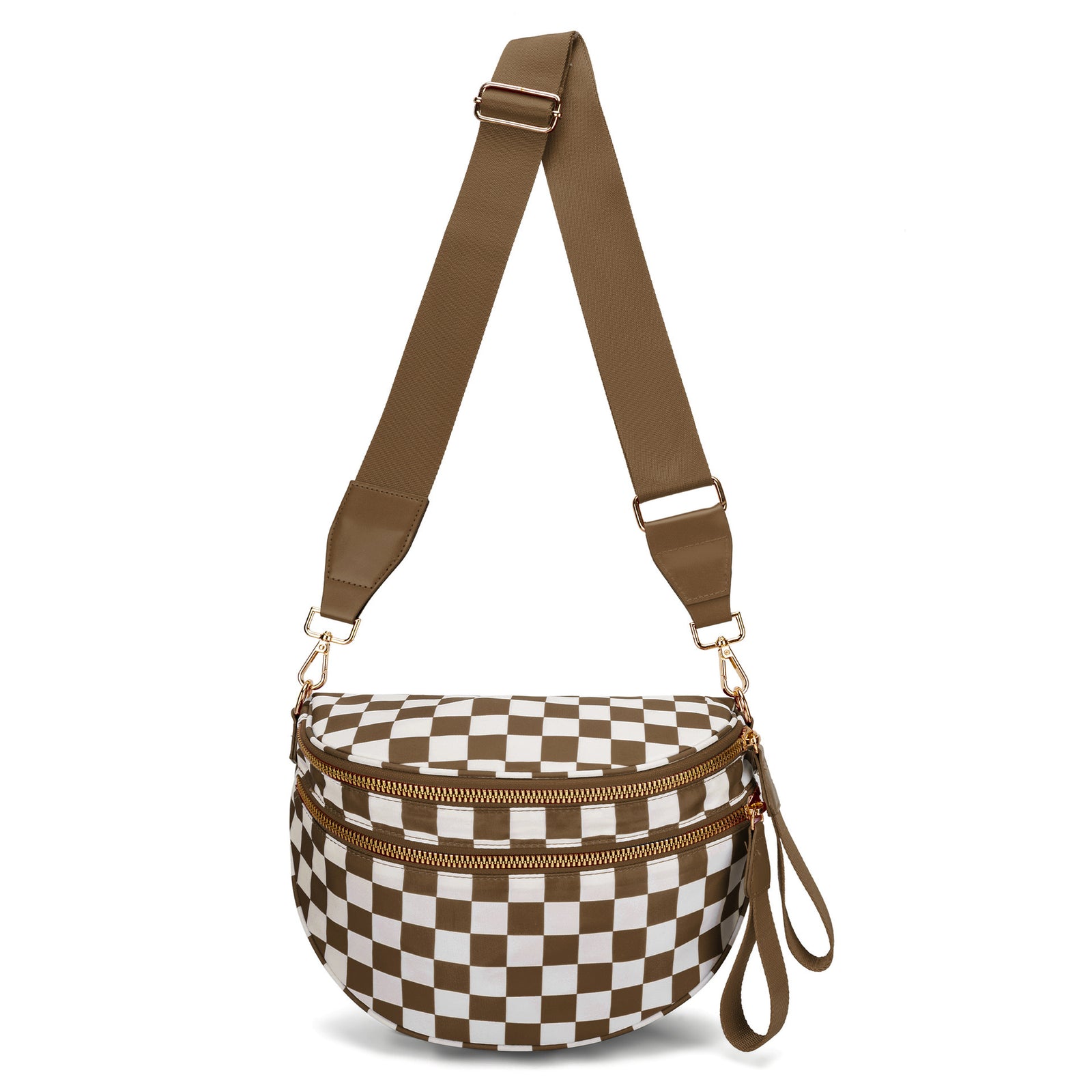 Brown Checkered Trendy Sling Bag - Women's Crescent Crossbody Purse with Wide Adjustable Strap