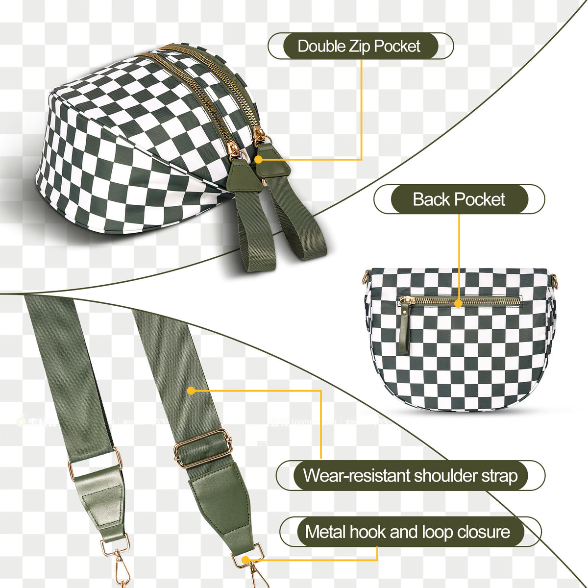 Blue Checkered Trendy Sling Bag - Women's Crescent Crossbody Purse with Wide Adjustable Strap