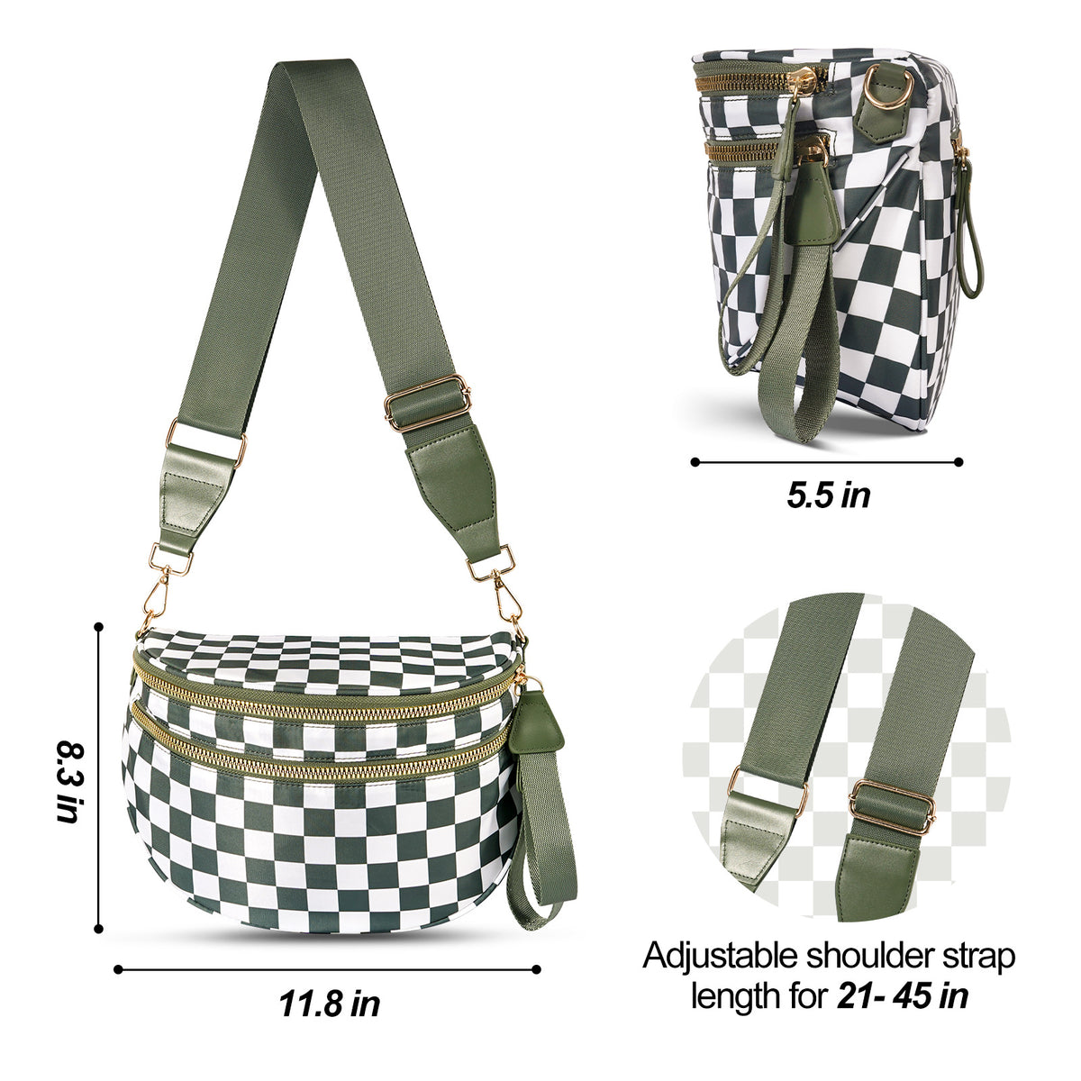 Light Purple Checkered Trendy Sling Bag - Women's Crescent Crossbody Purse with Wide Adjustable Strap
