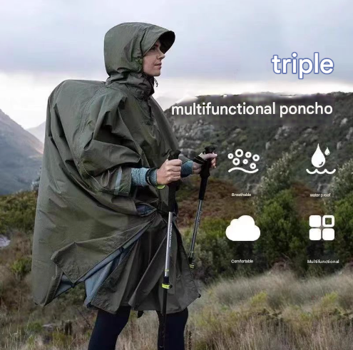 Blue 3-in-1 Waterproof Rain Poncho - Lightweight Hooded Raincoat, Ground Tarp & Emergency Shelter for Hiking, Camping, and Outdoor Survival